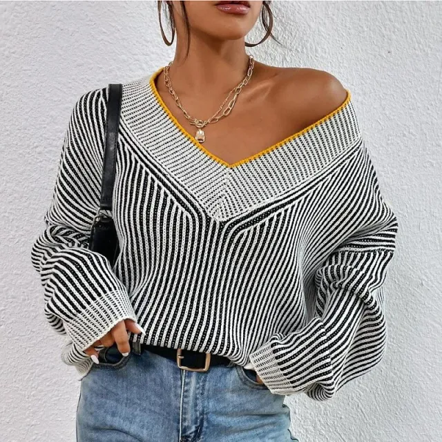 V neck Loose Slimming Stripes Contrast Color Pullover Knitwear Top Black And White Stripes - Shop at LoveMi