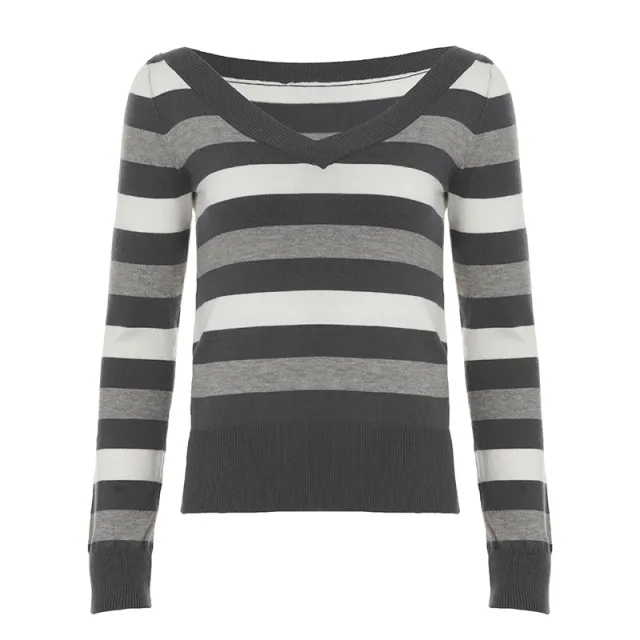 Figure hugging Long sleeve Base Sweater With Striped V neck Gray - Shop at LoveMi