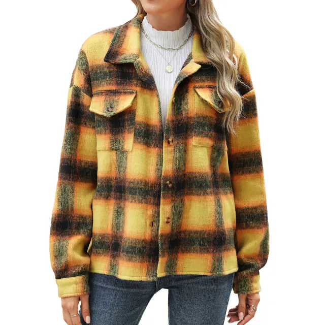 Polo Collar Stripes Plaid Pocket Loose Long sleeved Woolen Coat Yellow - Shop at LoveMi