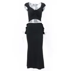 Sexy Short Sleeve Top Ruffled Slim-fit Midi Dress - Black - View 1