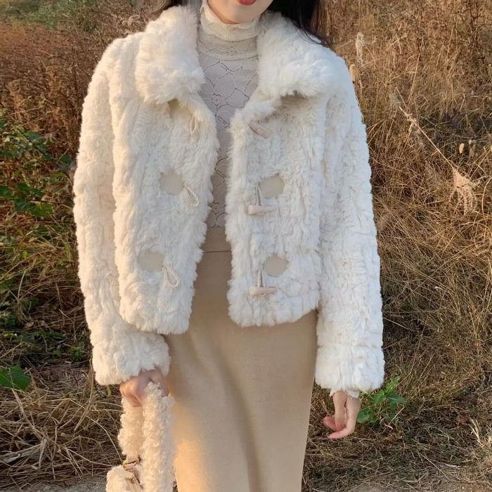 Lamb Fur Coat For Women Horn Button One piece Loose Creamy White - Shop at LoveMi