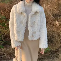 Lamb Fur Coat For Women Horn Button One-piece Loose - Creamy White - View 1