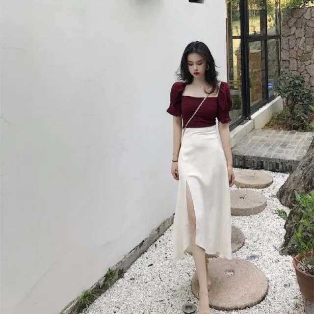 Court Style Square Collar Top High Waist Side Slit Skirt For Women Coat Skirt Xl - Shop at LoveMi