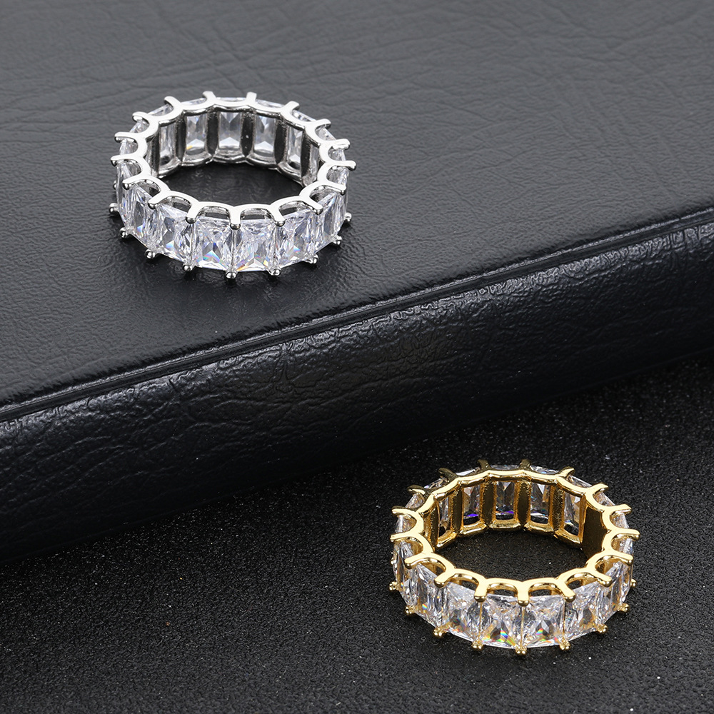 Hip Hop 7mm Single Row Rectangular Zircon Ring For Men