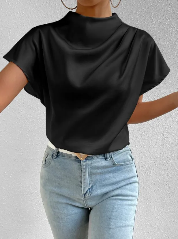 European And American Round Neck Solid Color Temperament Folding Loose Women's Tops Black - Shop at LoveMi