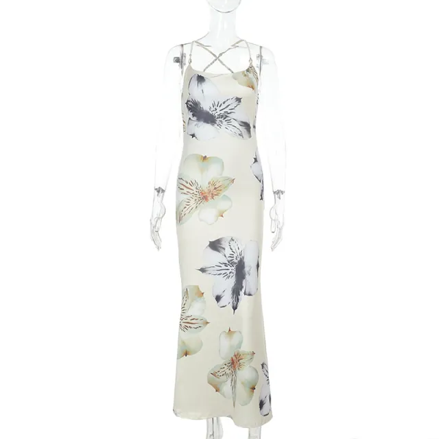 Printed Backless Holiday Suspenders Dress Women's Clothing Apricot - Shop at LoveMi