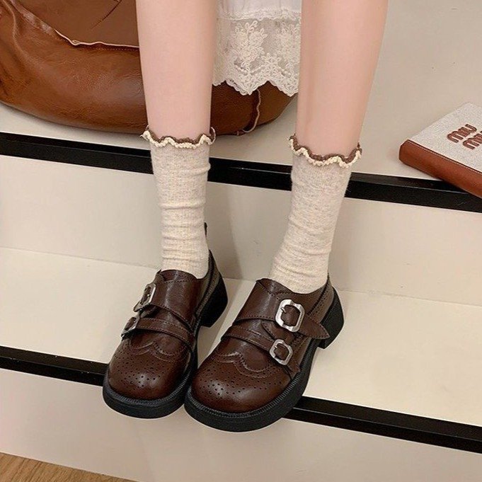 Womens French-style Carved Brogue Leather Shoes