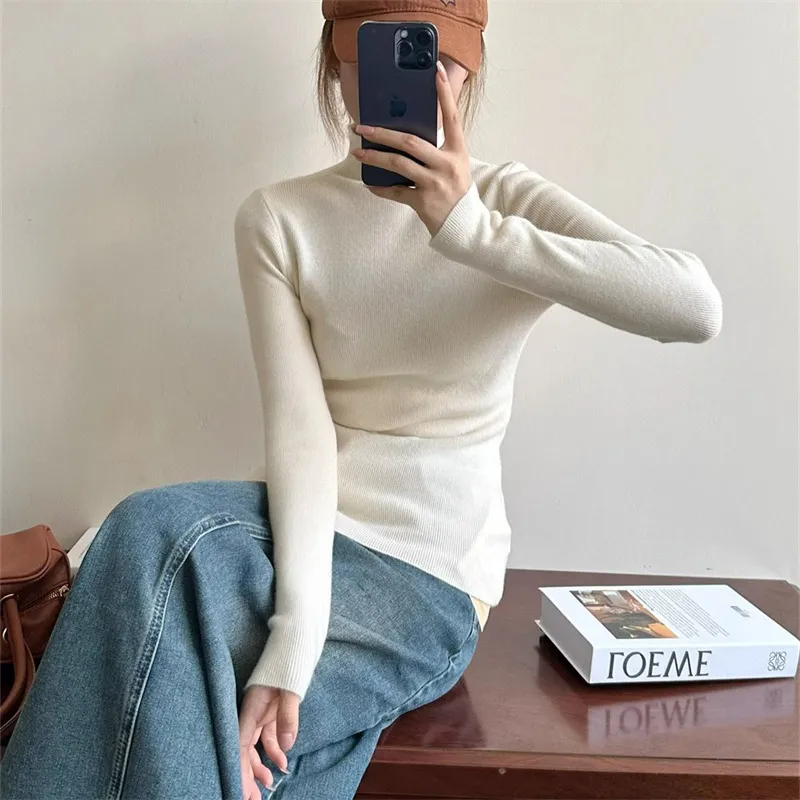 Women's Half High Necked Knitted Bottom Sweater - White