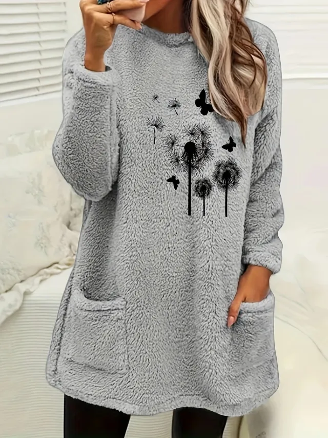 Women's Printed Round Neck Pullover Long Sleeve Pocket Double sided Velvet Sweatshirt Style4 - Shop at LoveMi