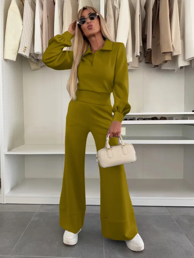 Long Sleeve Top Elastic Wide Leg Pants Two piece Set Olive - Shop at LoveMi