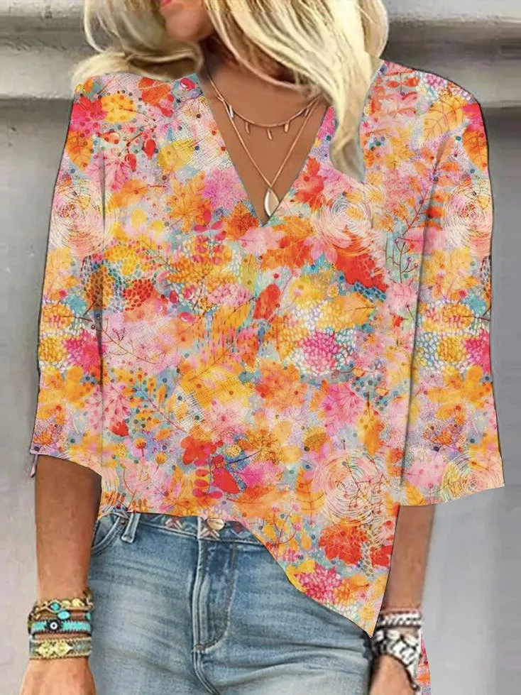 Women's European And American All-matching Printed Casual V-neck Shirt - Printing H