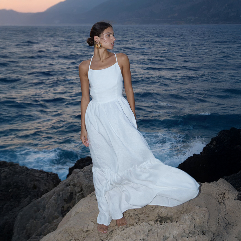 Backless Lace Up Long Skirt Waist tight Dress White - Shop at LoveMi