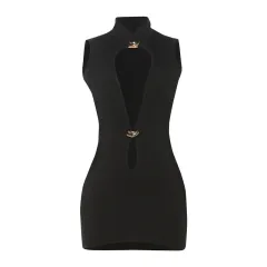 Women's Hollow Slim Sleeveless Sheath Solid Color Dress - Black - View 1