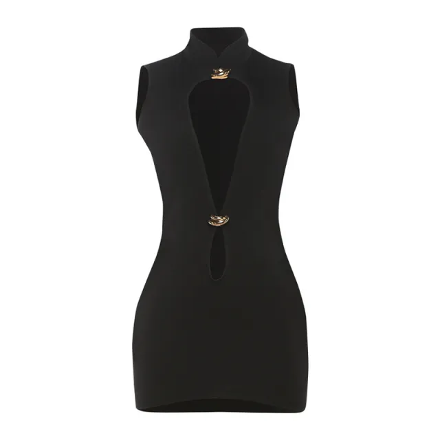 Women's Hollow Slim Sleeveless Sheath Solid Color Dress Black - Shop at LoveMi
