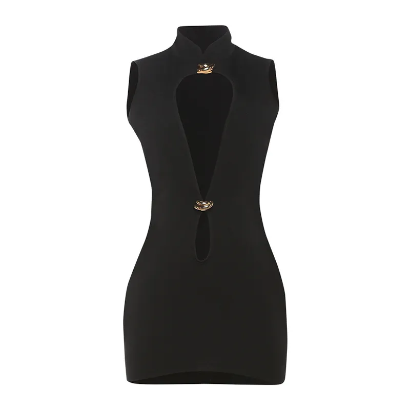 Women's Hollow Slim Sleeveless Sheath Solid Colour Dress - Black