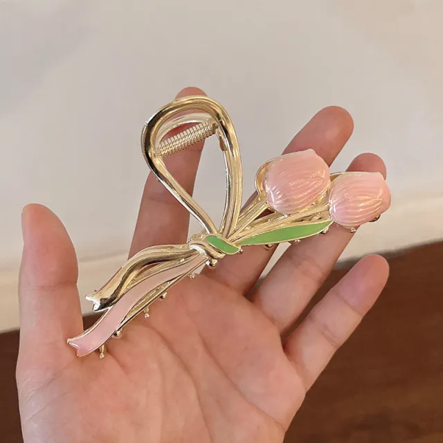 Oil Dripping Tulip Metal Grip Back Head Elegant Barrettes Dripping Tulip Pink A286 - Shop at LoveMi