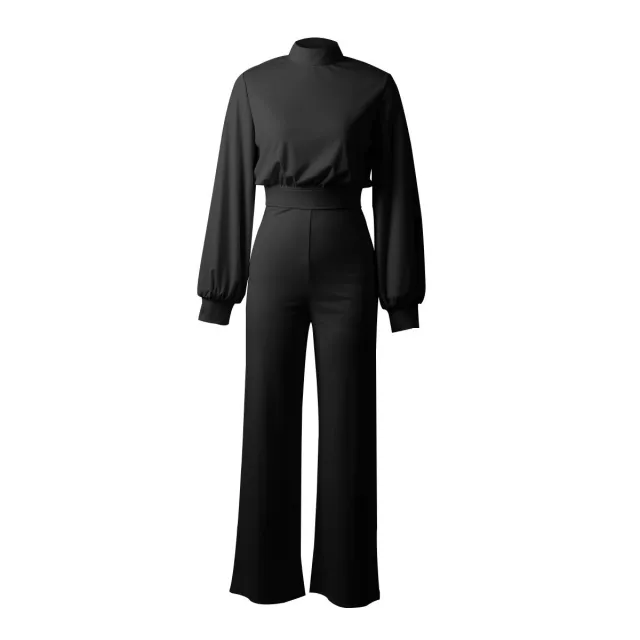 Women's Solid Color Turtleneck Backless Long Sleeves Casual One piece Trousers Black - Shop at LoveMi