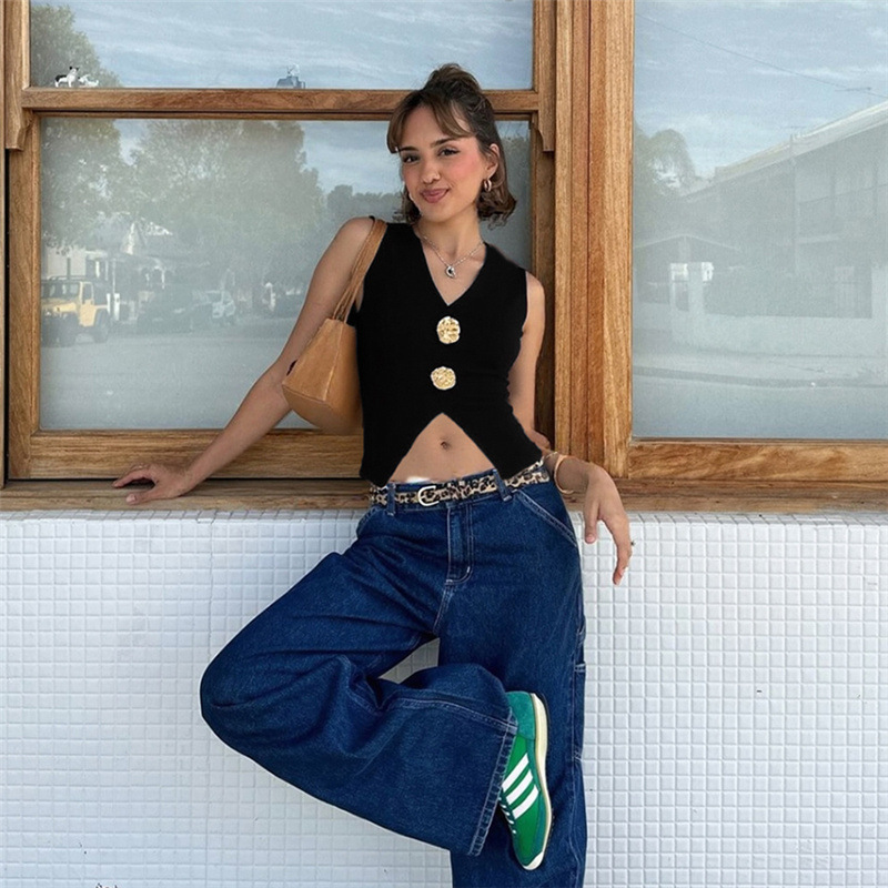 European And American Elegant Metal Fastener Decoration V-neck Sexy Cropped Tank Top