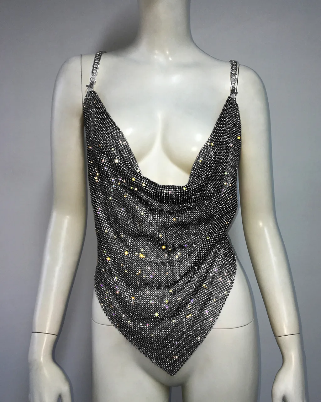 Metal Rhinestone Chain Sexy Suspenders Irregular Vest - Black
