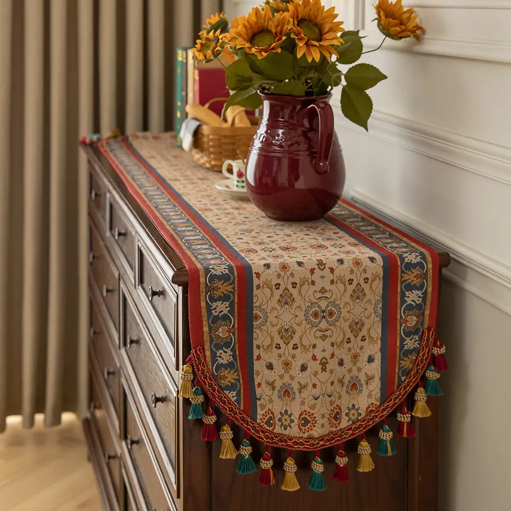 Vintage Table Runner Tea Flag Cloth Fringe