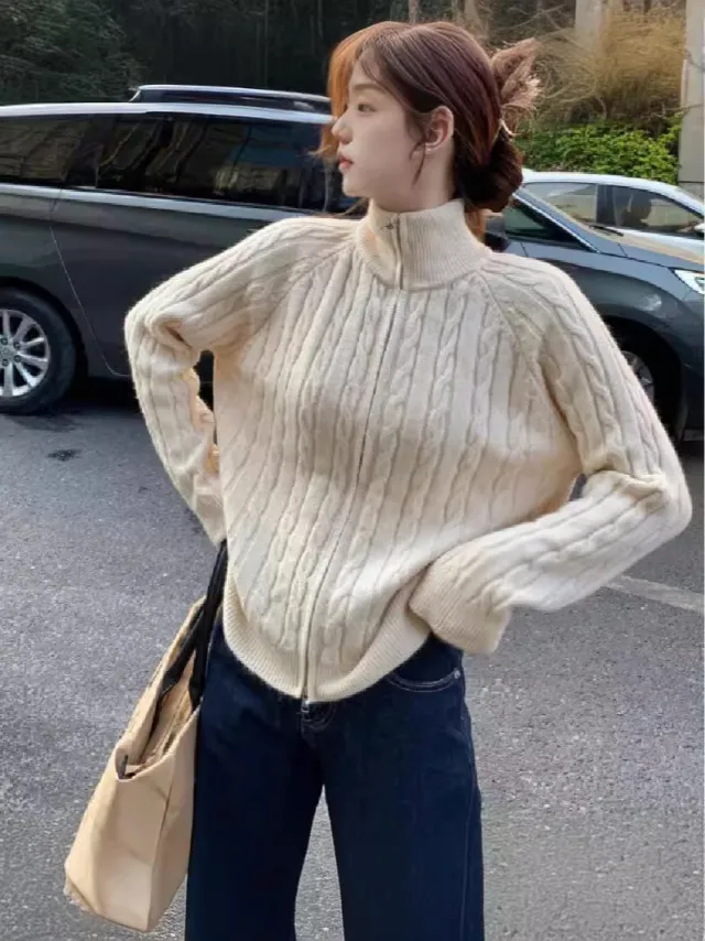Zipper And Lapel Cable knit Sweater Women's Autumn And Winter Solid Color Vintage Coat Beige - Shop at LoveMi