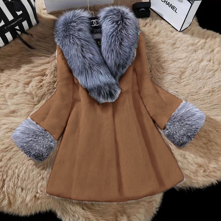Womens Faux Silver Fox Fur Collar Faux Mink Fur Coat