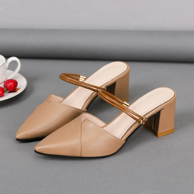 Pointed Toe Two way Wear With Cool Half Slippers Chunky Heel Sandals Apricot - Shop at LoveMi