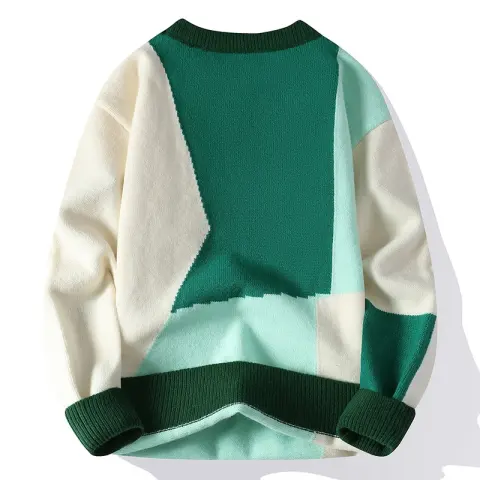 Vintage Sweater Men's Color Contrast Patchwork Round Neck Loose