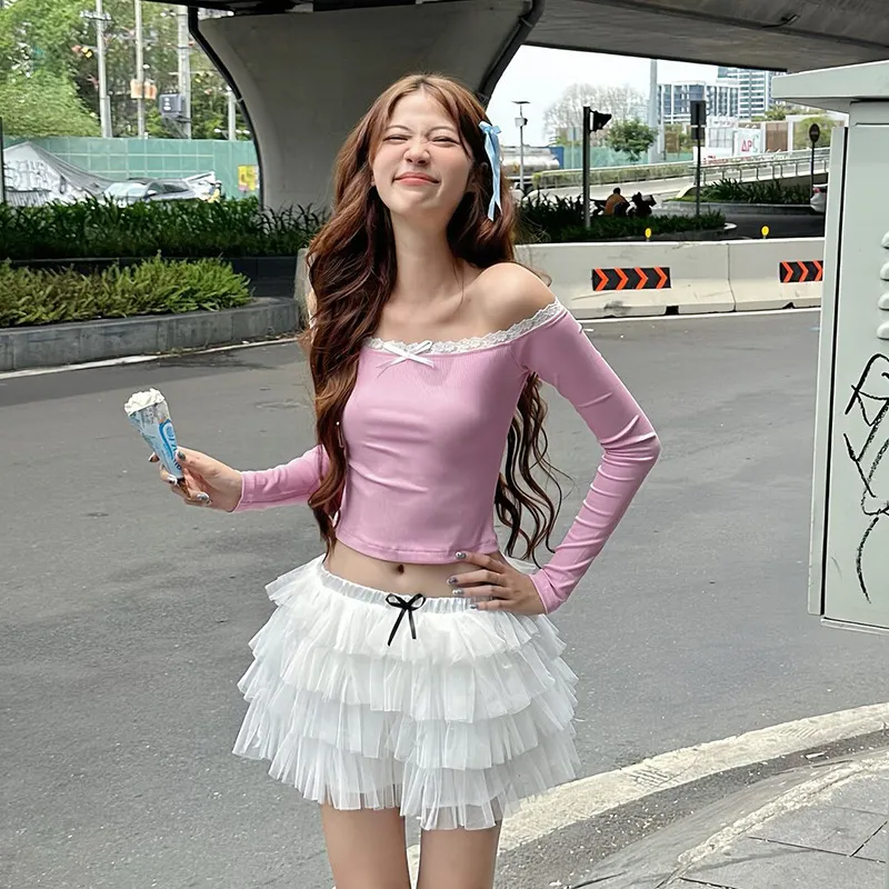 Off-shoulder Lace Edge Long-sleeved Top Ins Pure Desire Style Fashion Short Bow T-shirt For Women