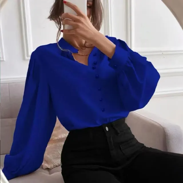 Commute Style Solid Color Round Neck Long Sleeve Single breasted Women's Shirt Blue - Shop at LoveMi