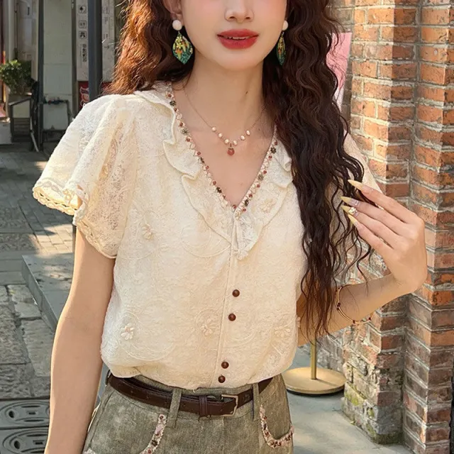 Petite Anti Aging V Neck Lace Short Sleeve Blouse For Women Apricot - Shop at LoveMi