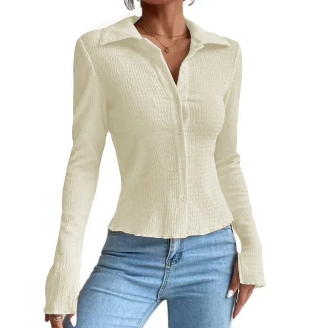 Women's Solid Color Stitching Split Sleeve Cardigan Button Top Lapel T shirt Apricot - Shop at LoveMi