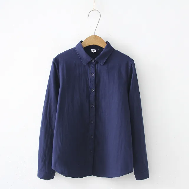 Double layer Cotton Yarn Pure Color Skin friendly Long sleeved Shirt Blue - Shop at LoveMi