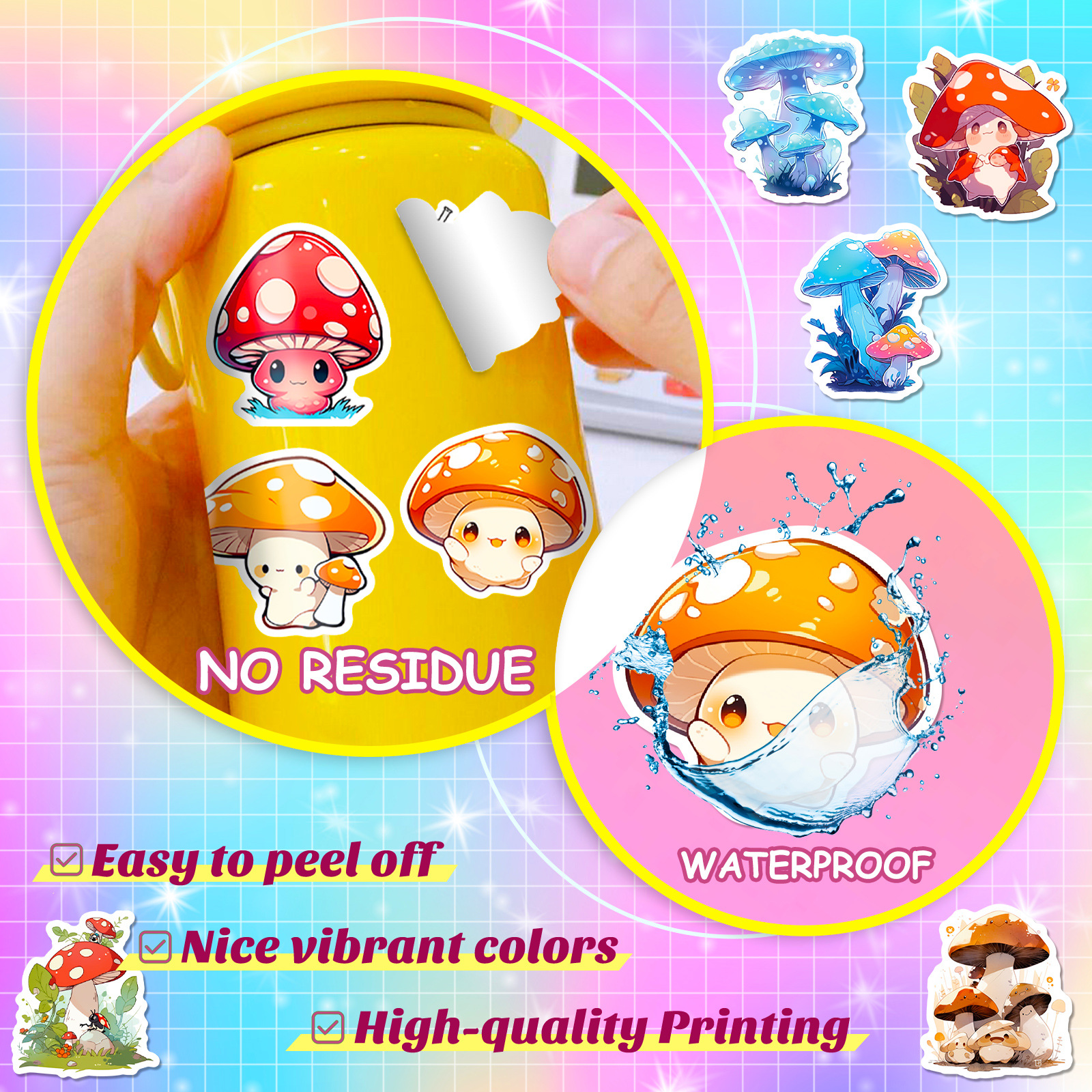 Title 7, 50 Fantasy Mushroom Stickers Psychedelic Cartoo...