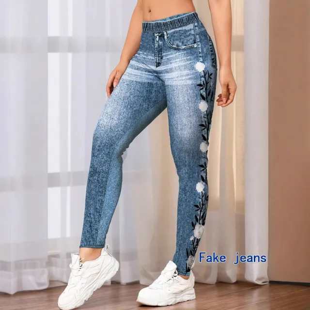 Womens Denim Look Leggings With Digital Print Side Flower Print M - Shop at LoveMi