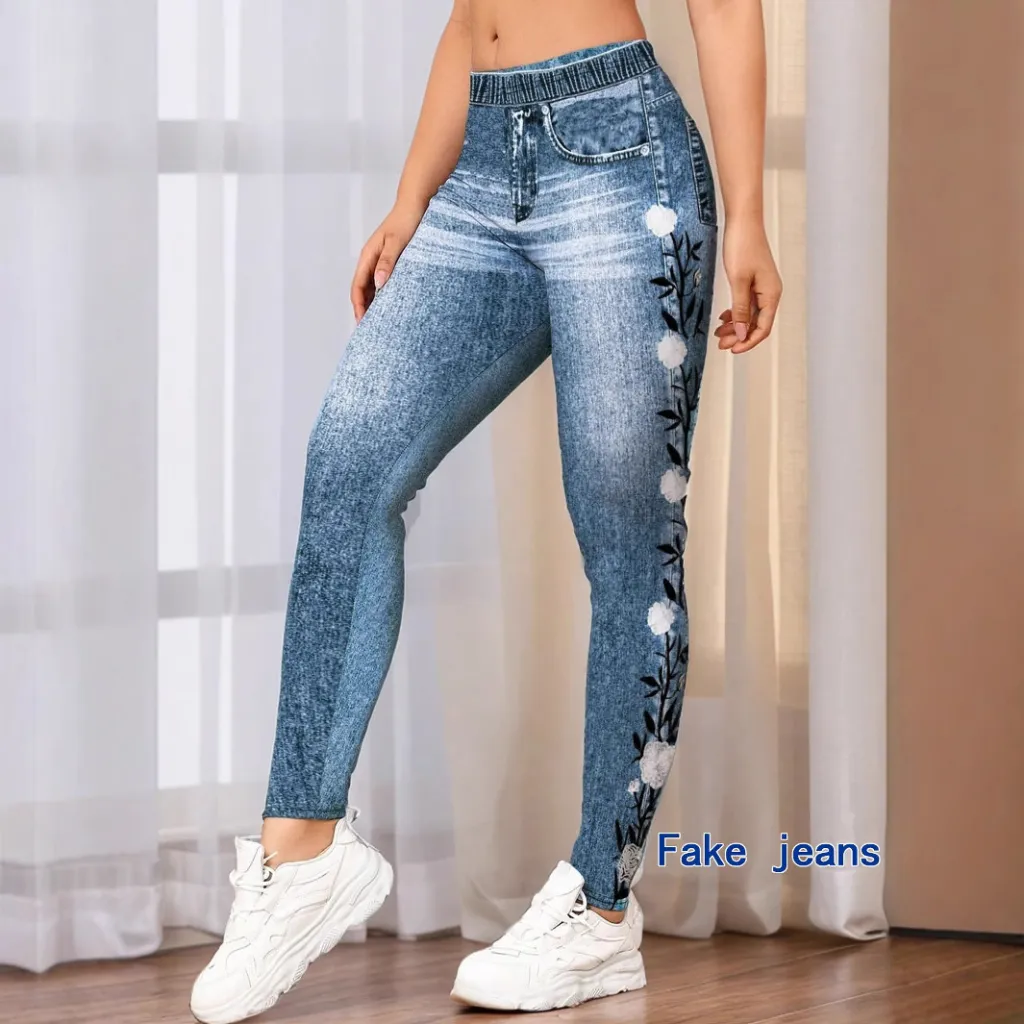Womens Denim-Look Leggings With Digital Print - Side Flower Print-M