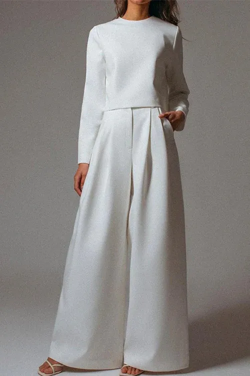 Brown Fashionable Korean Style Long Sleeve Pure Color Cotton Two piece Set White - Shop at LoveMi