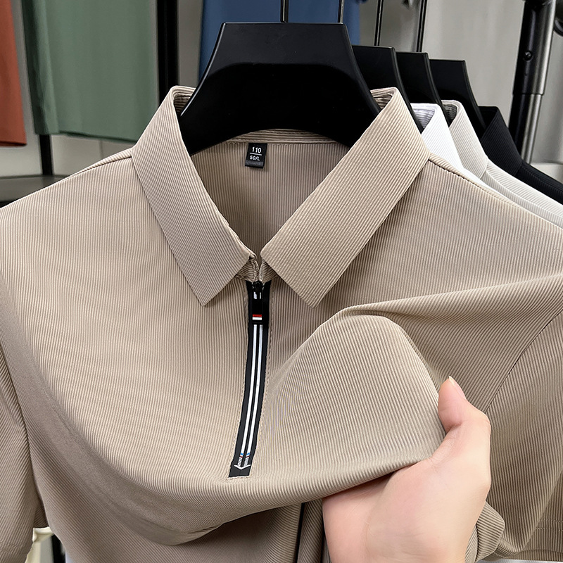 Men's Business-Casual Stretchy Summer Ice-Silk Short-Sleeve Half-Zip Polo Shirt