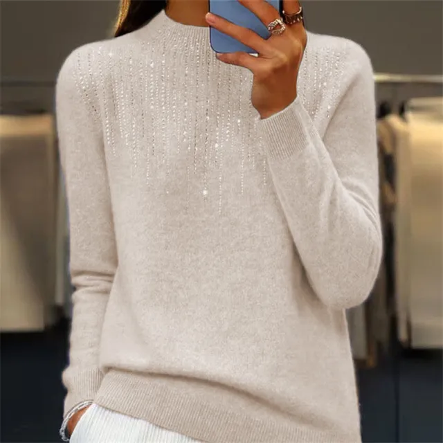 Women's Pullover Sweater Half high Collar With Diamonds Creamy White - Shop at LoveMi