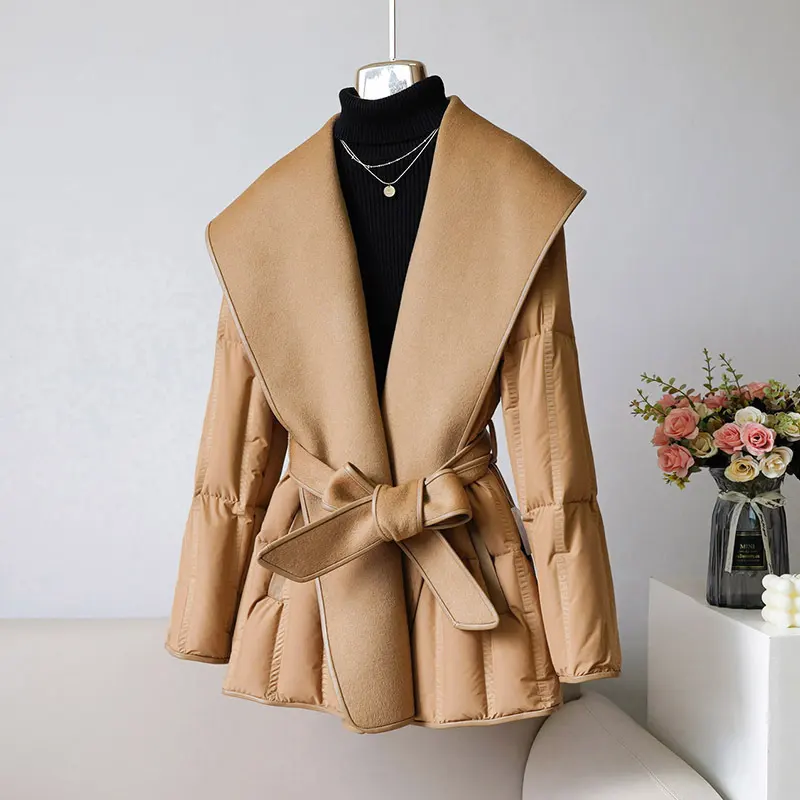 Reversible Cashmere Coat Stitching White Duck Down Waist-tight Wool