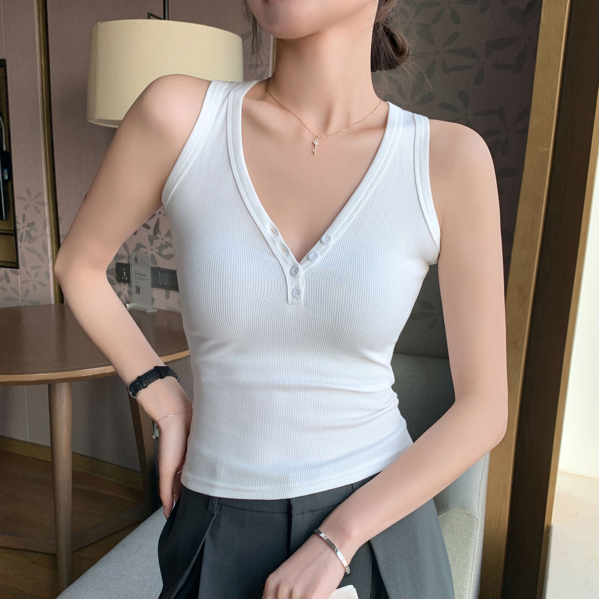 Button V Neck Slip Vest Womens Top