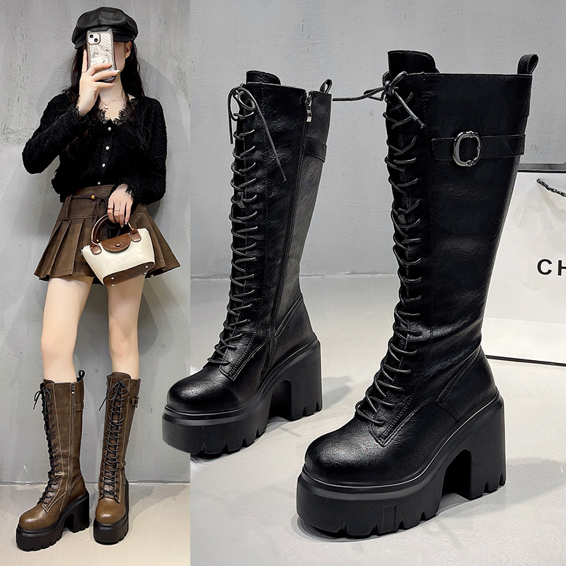 Womens Versatile High-heeled Round-toe Lace-up Over-the-knee Boots