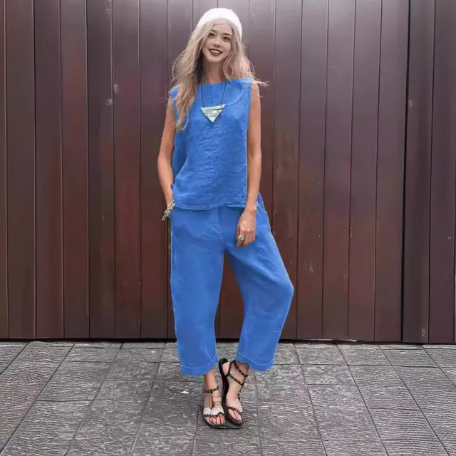 Cotton And Linen Fashion Casual Loose Top Trousers Suit Blue - Shop at LoveMi