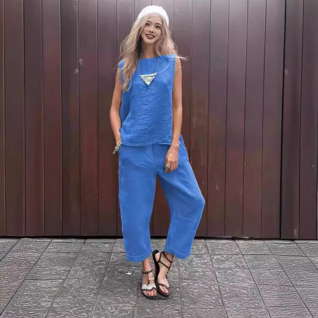 Cotton And Linen Fashion Casual Loose Top Trousers Suit - Blue