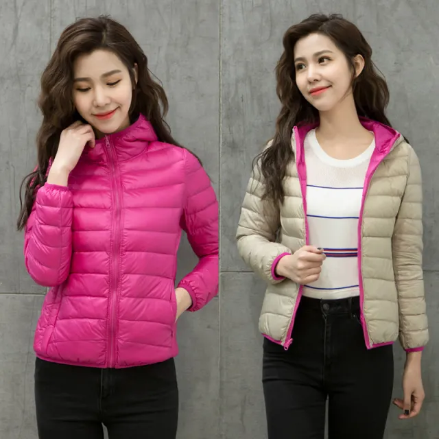 Women's Down Jacket Thin Hood Short Plus Size Solid Color Rose Red - Shop at LoveMi