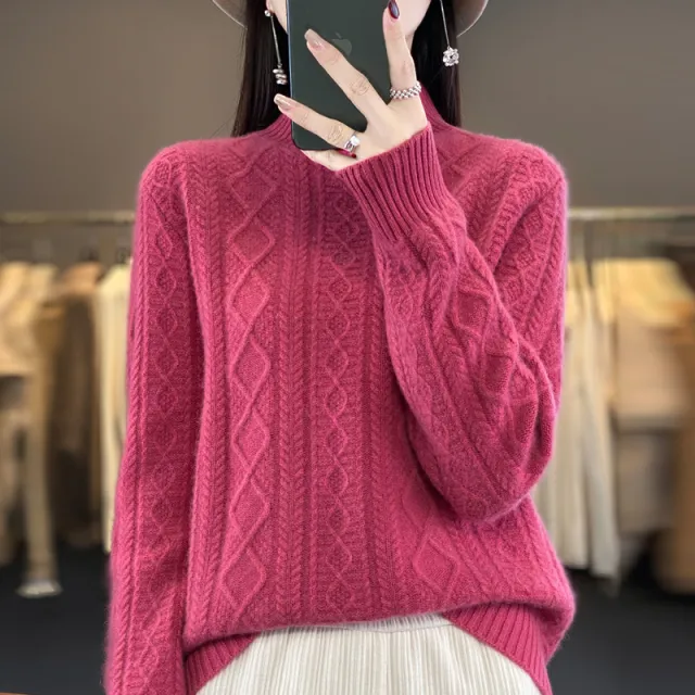 Autumn And Winter Thickening Half Turtleneck Cable knit Sweater Sweater Raspberry Red - Shop at LoveMi
