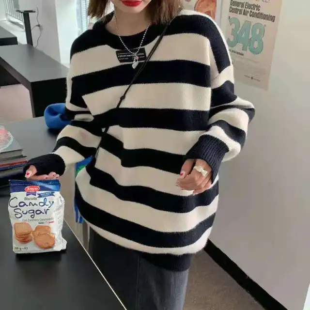 Sweet Lazy And Loose Striped Round Neck Sweater Black - Shop at LoveMi