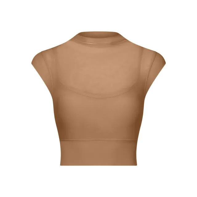 Mesh Yoga Clothes Flounced Sleeve Running Quick drying Sports Bra With Chest Pad Desert Yellow - Shop at LoveMi