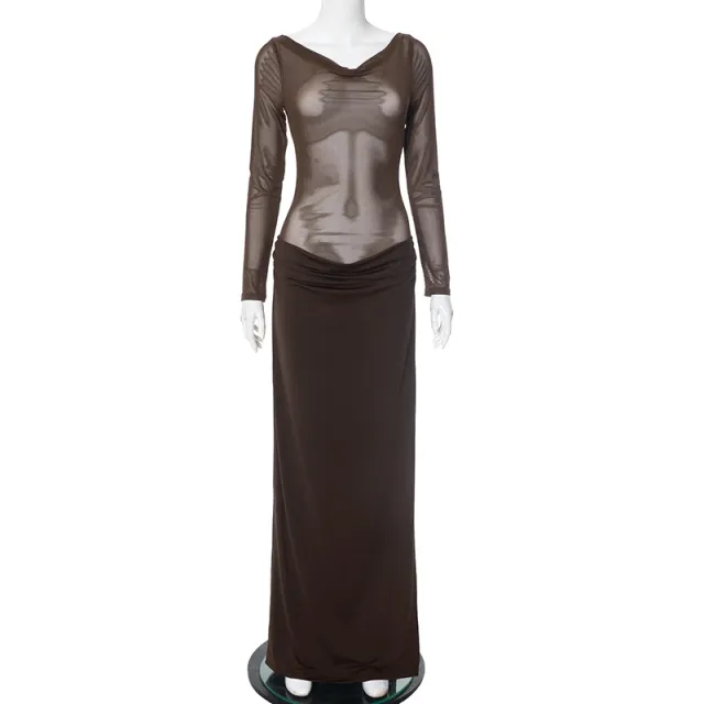 Women's Temperament Sexy Off the shoulder Mesh See through Long Dress Brown - Shop at LoveMi