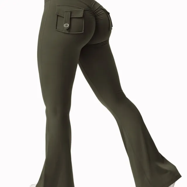Yoga Tooling Style Peach Hip Pocket Bell bottom Pants Sports Quick drying Army Green - Shop at LoveMi